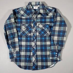 Mustang Western Shirt Mens M Blue Plaid Pearl Snap Perma-Press Made in USA‎